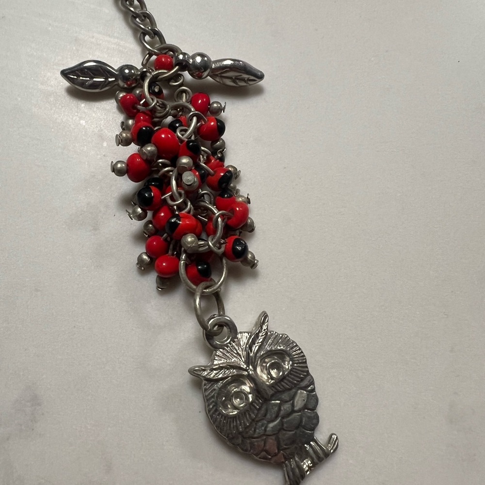 Silver Owl Pendant keychain with Red and Black Beads